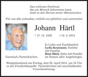 Traueranzeige von Johann Härtl von merkurtz