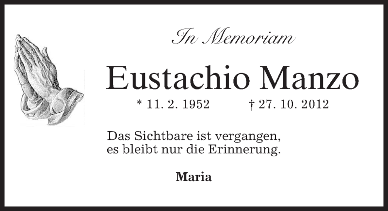  Traueranzeige für Eustachio Manzo vom 27.04.2013 aus merkurtz