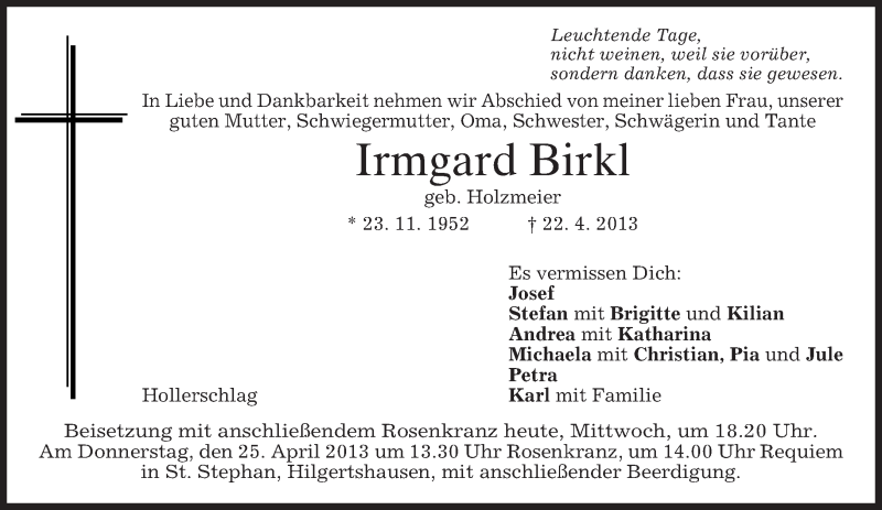  Traueranzeige für Irmgard Birkl vom 24.04.2013 aus merkurtz