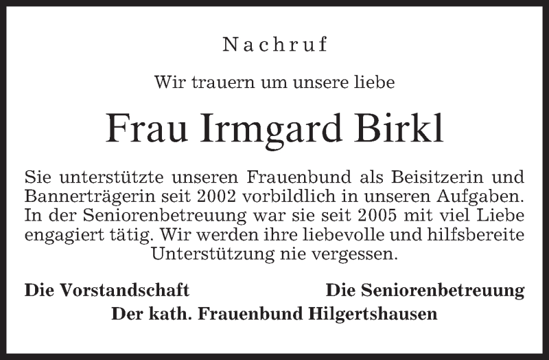  Traueranzeige für Irmgard Birkl vom 25.04.2013 aus merkurtz