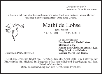 Traueranzeige von Mathilde Lohse von merkurtz