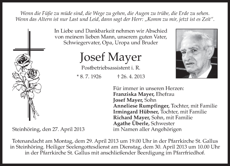  Traueranzeige für Josef Mayer vom 27.04.2013 aus merkurtz