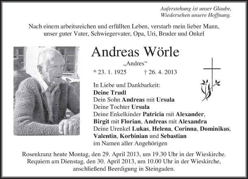  Traueranzeige für Andreas Wörle vom 29.04.2013 aus merkurtz