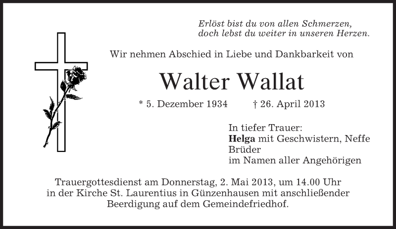  Traueranzeige für Walter Wallat vom 30.04.2013 aus merkurtz