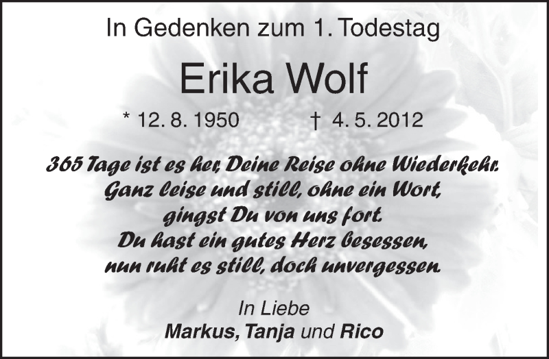  Traueranzeige für Erika Wolf vom 04.05.2013 aus merkurtz
