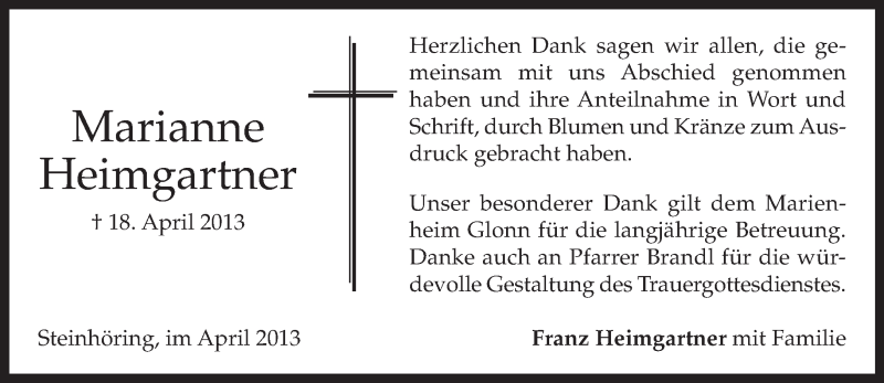  Traueranzeige für Marianne Heimgartner vom 04.05.2013 aus merkurtz