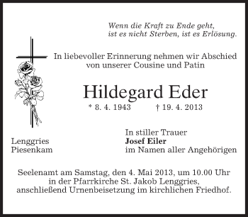 Traueranzeige von Hildegard Eder von merkurtz