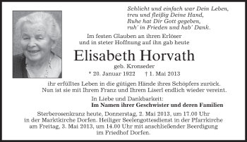 Traueranzeigen von Elisabeth Horvath | trauer.merkur.de