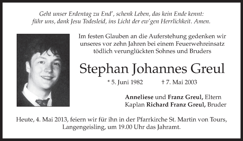  Traueranzeige für Stephan Johannes Greul vom 04.05.2013 aus merkurtz