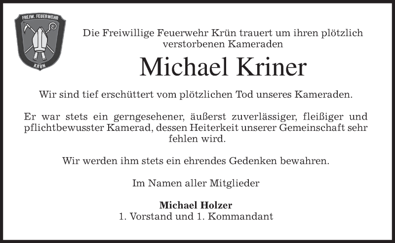  Traueranzeige für Michael Kriner vom 04.05.2013 aus merkurtz