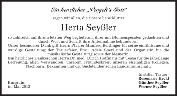 Traueranzeige von Herta Seyßler von merkurtz