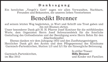 Traueranzeige von Benedikt Brenner von merkurtz