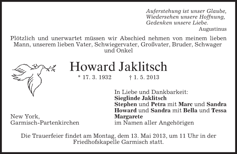  Traueranzeige für Howard Jaklitsch vom 07.05.2013 aus merkurtz