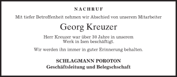 Traueranzeige von Georg Kreuzer von merkurtz