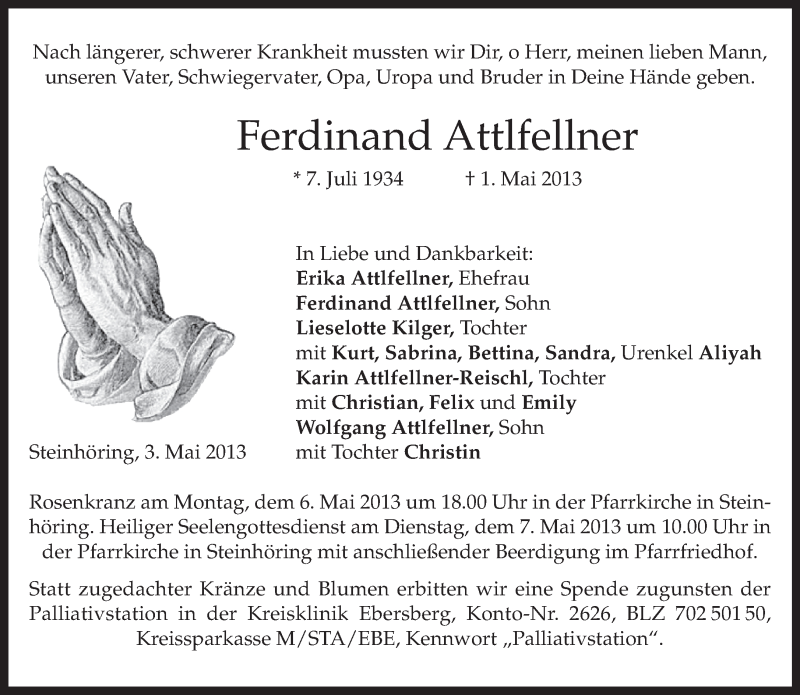  Traueranzeige für Ferdinand Attlfellner vom 04.05.2013 aus merkurtz