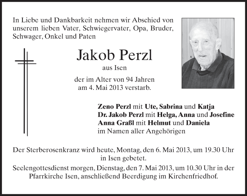  Traueranzeige für Jakob Perzl vom 06.05.2013 aus merkurtz