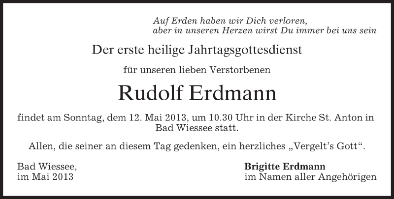  Traueranzeige für Rudolf Erdmann vom 11.05.2013 aus merkurtz