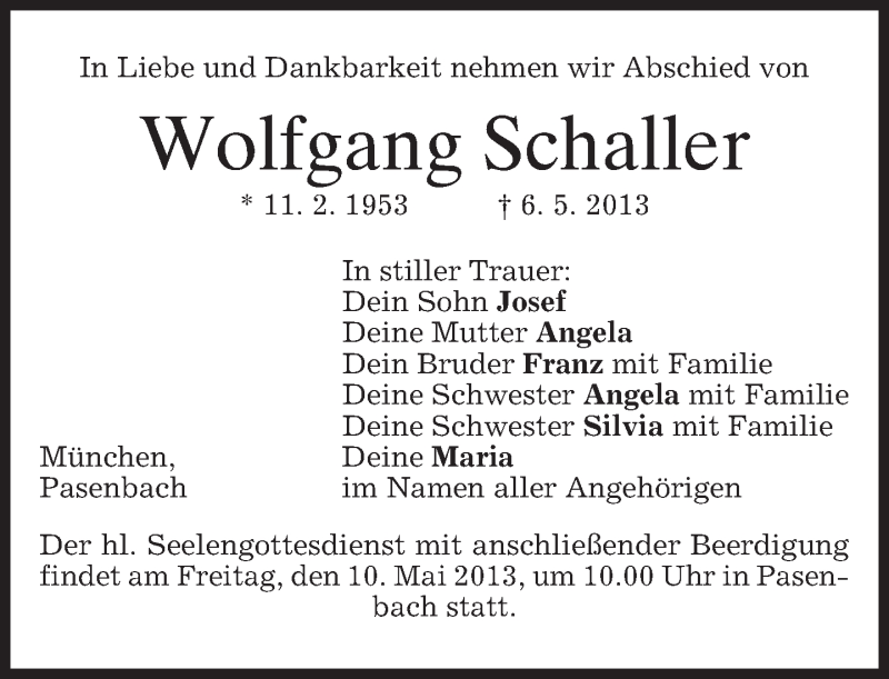  Traueranzeige für Wolfgang Schaller vom 08.05.2013 aus merkurtz