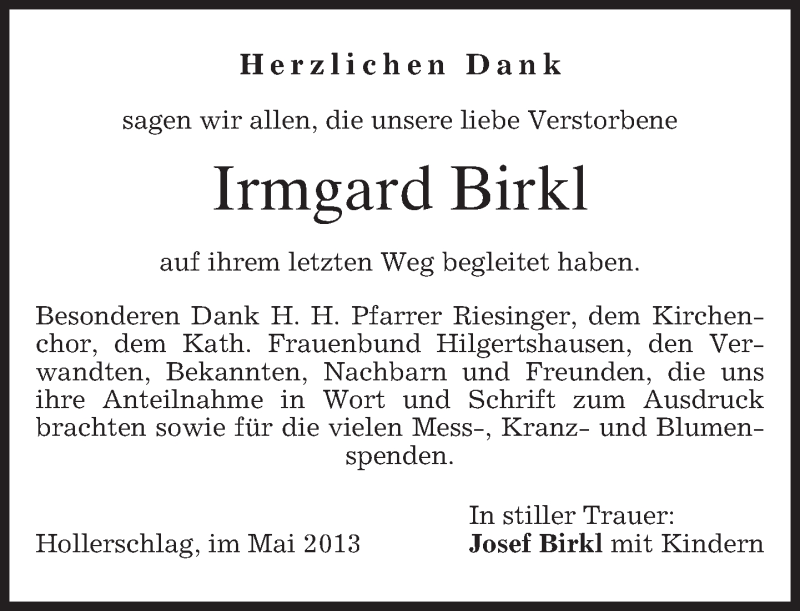  Traueranzeige für Irmgard Birkl vom 11.05.2013 aus merkurtz