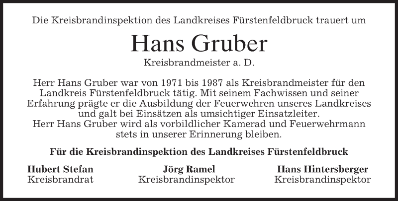  Traueranzeige für Hans Gruber vom 18.03.2015 aus merkurtz