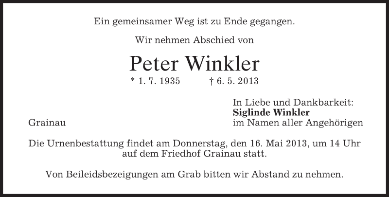 Traueranzeigen von Peter Winkler | trauer.merkur.de