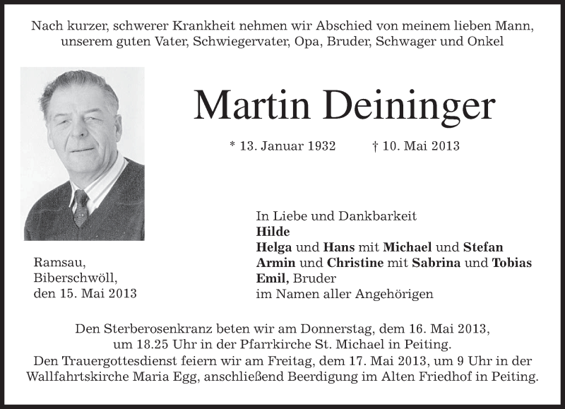 Traueranzeigen von Martin Deininger | trauer.merkur.de