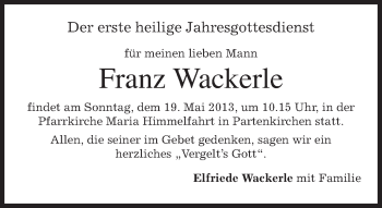 Traueranzeige von Franz Wackerle von merkurtz