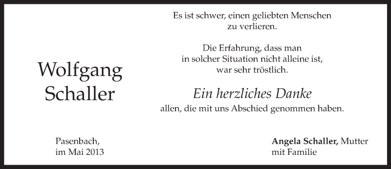  Traueranzeige für Wolfgang Schaller vom 18.05.2013 aus merkurtz