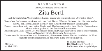 Traueranzeige von Zita Bertl von merkurtz