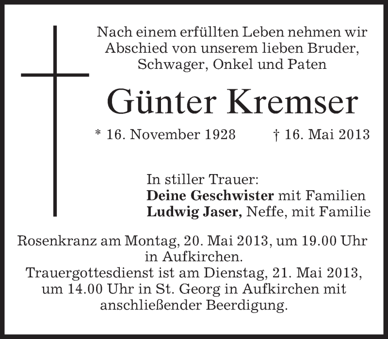  Traueranzeige für Günter Kremser vom 18.05.2013 aus merkurtz
