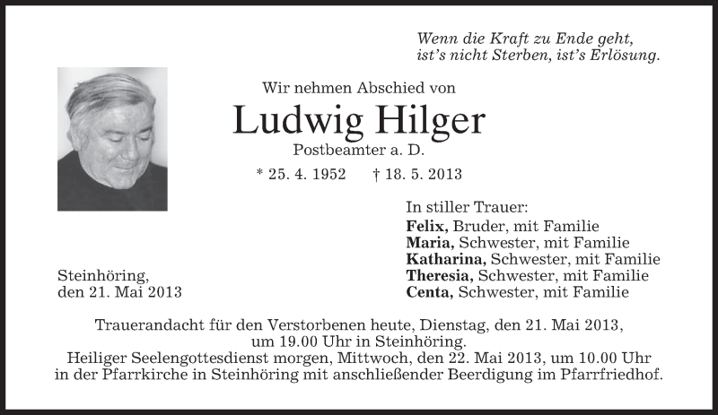  Traueranzeige für Ludwig Hilger vom 21.05.2013 aus merkurtz