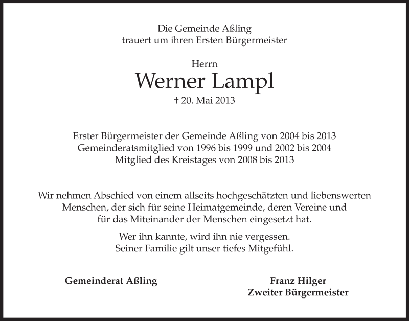  Traueranzeige für Werner Lampl vom 23.05.2013 aus merkurtz