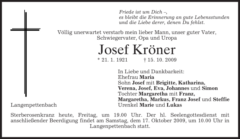  Traueranzeige für Josef Kröner vom 16.10.2009 aus MERKUR & TZ