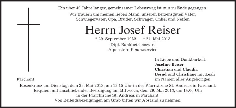  Traueranzeige für Josef Reiser vom 27.05.2013 aus merkurtz