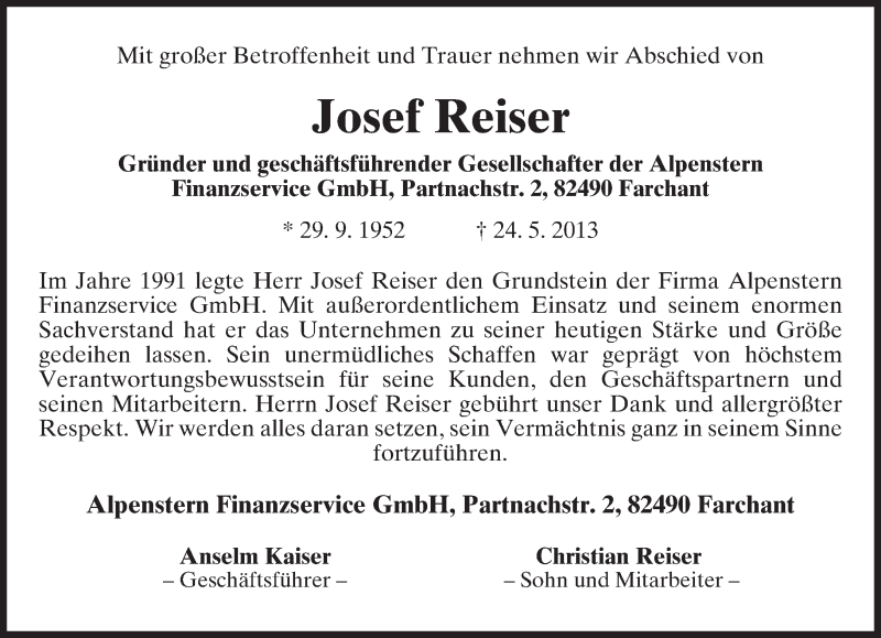  Traueranzeige für Josef Reiser vom 28.05.2013 aus merkurtz