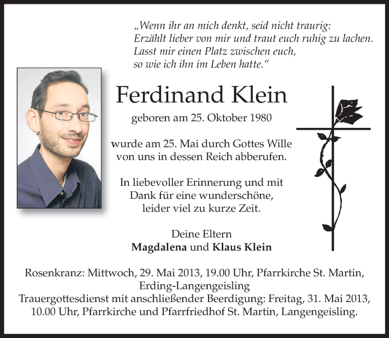  Traueranzeige für Ferdinand Klein vom 28.05.2013 aus merkurtz