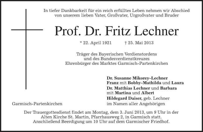  Traueranzeige für Fritz Lechner vom 29.05.2013 aus merkurtz