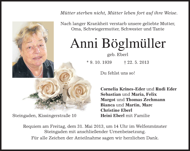  Traueranzeige für Anni Böglmüller vom 28.05.2013 aus merkurtz