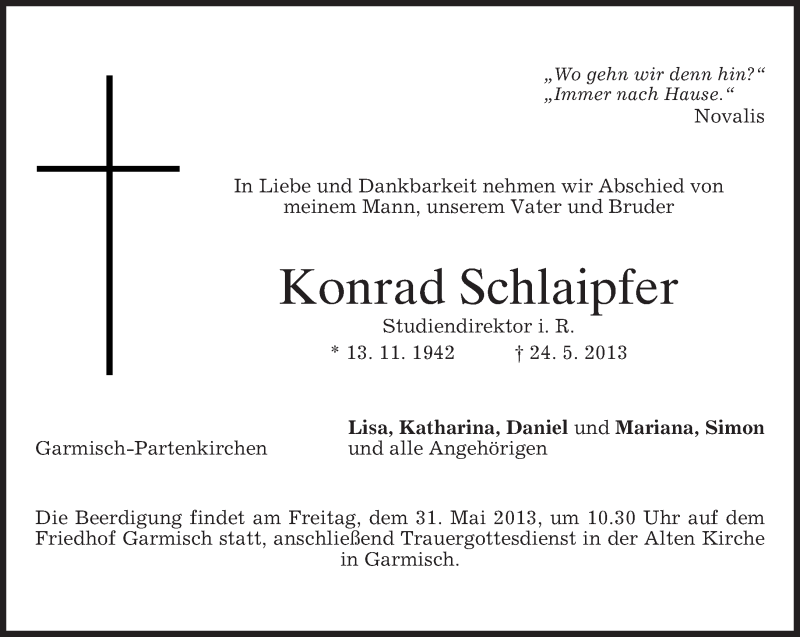  Traueranzeige für Konrad Schlaipfer vom 28.05.2013 aus merkurtz