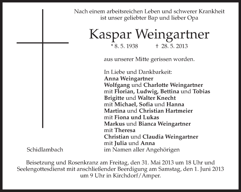  Traueranzeige für Kaspar Weingartner vom 29.05.2013 aus merkurtz