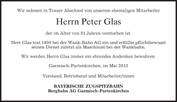 Traueranzeige von Peter Glas von merkurtz