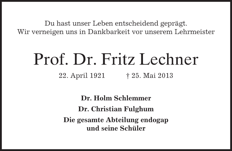  Traueranzeige für Fritz Lechner vom 31.05.2013 aus merkurtz