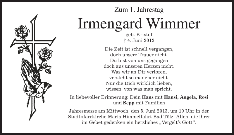  Traueranzeige für Irmengard Wimmer vom 03.06.2013 aus merkurtz