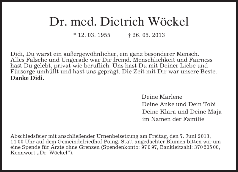  Traueranzeige für Dietrich Wöckel vom 01.06.2013 aus merkurtz