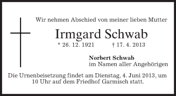 Traueranzeige von Irmgard Schwab von merkurtz