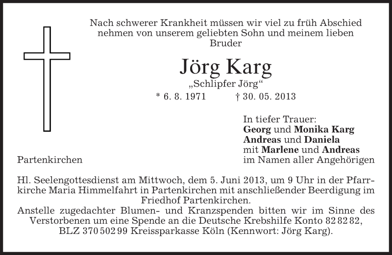  Traueranzeige für Jörg Karg vom 01.06.2013 aus merkurtz