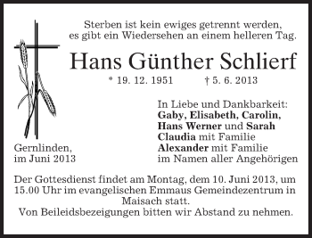 Traueranzeige von Hans Günther Schlierf von merkurtz