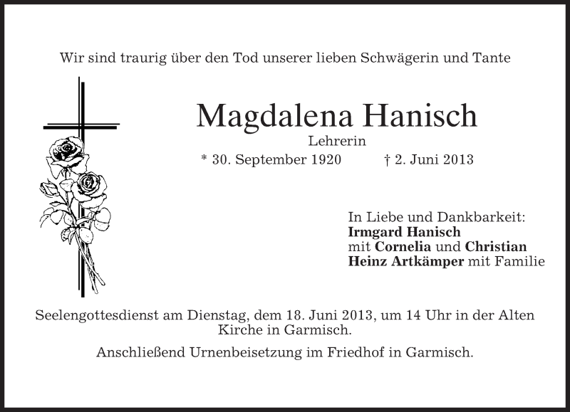  Traueranzeige für Magdalena Hanisch vom 14.06.2013 aus merkurtz