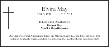 Traueranzeige von Elvira May von merkurtz