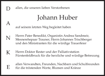 Traueranzeige von Johann Huber von merkurtz